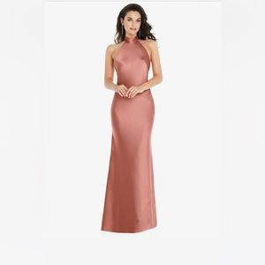 Dessy 8223 SCARF TIE HIGH-NECK HALTER MAXI SLIP DRESS IN DESERT ROSE NWT Size XS